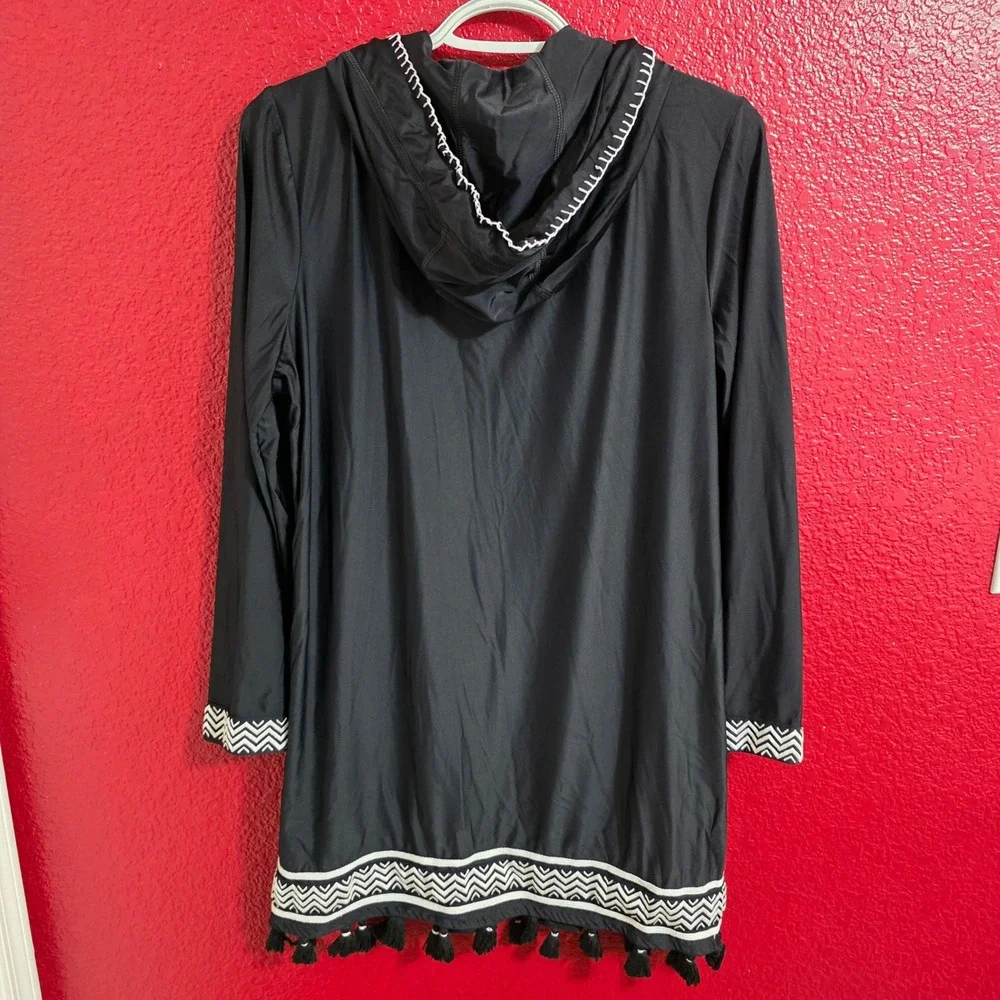 Cabana Life Women Large Hooded Cover Up Black White Tassel Boho Beach Resortwear